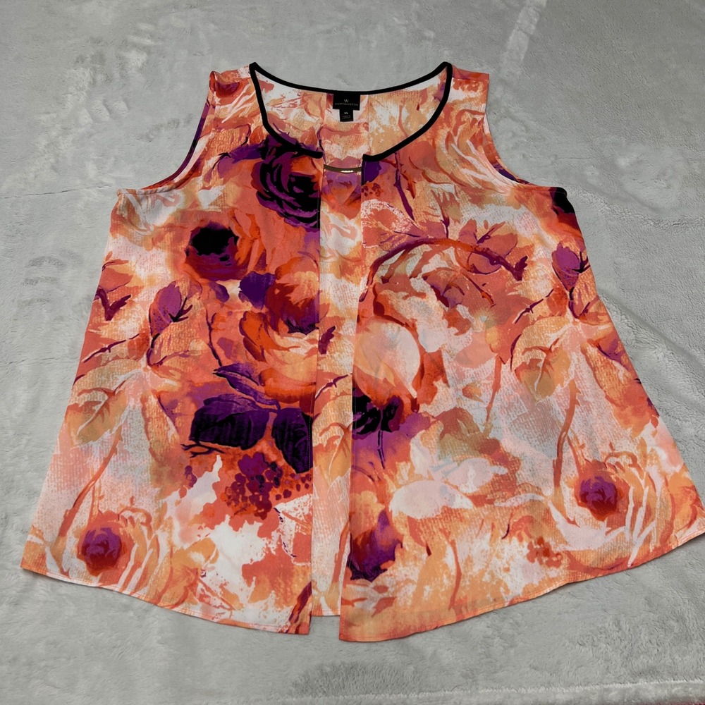 Worthington Sleeveless Blouse Womens XL Orange Floral Keyhole Neck Pleated Front